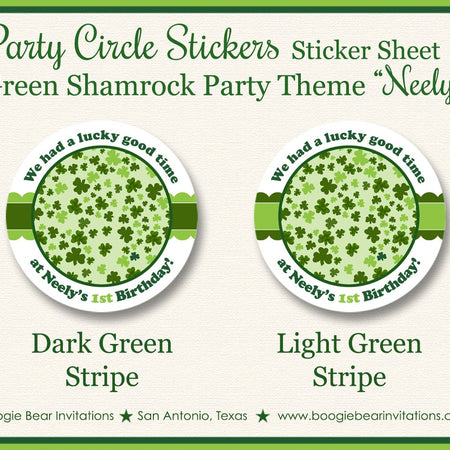 Green Shamrock Birthday Party Stickers Circle Sheet Round Girl Boy Favor St. Patrick's Day Lucky Charm Boogie Bear Invitations Neely Theme