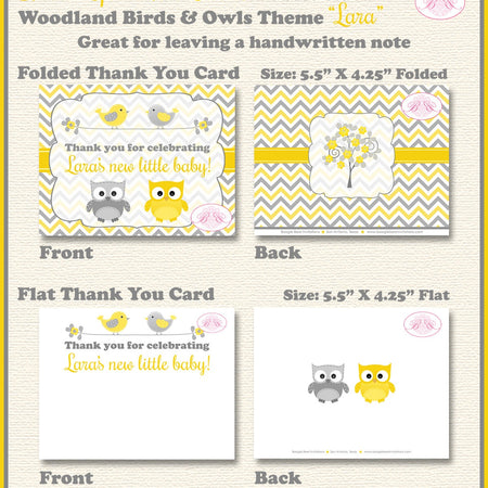 Woodland Birds Owls Thank You Card Baby Shower Party Girl Boy Yellow Grey Forest Animals Hoot Boogie Bear Invitations Lara Theme Printed