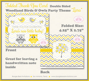 Woodland Birds Owls Thank You Card Baby Shower Party Girl Boy Yellow Grey Forest Animals Hoot Boogie Bear Invitations Lara Theme Printed
