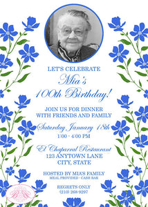 Blue Flowers Birthday Party Invitation Photo Girl Bluebonnets Wildflowers Boogie Bear Invitations Mia Theme Paperless Printable or Printed