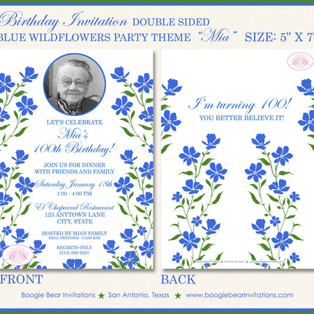 Blue Flowers Birthday Party Invitation Photo Girl Bluebonnets Wildflowers Boogie Bear Invitations Mia Theme Paperless Printable or Printed