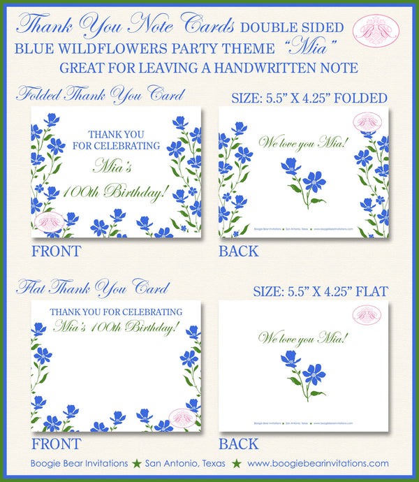 Blue Flowers Party Thank You Cards Birthday Girl Bluebonnets Wildflowers Garden Wild Bonnet Summer Boogie Bear Invitations Mia Theme Printed