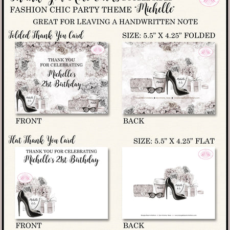 Fashion Chic Party Thank You Cards Birthday White Black Heels Shopping & Co Present Flowers Boogie Bear Invitations Michelle Theme Printed