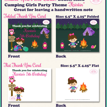 Camping Girl Party Thank You Card Pink Birthday Glamping Camp Outdoor Tent Campfire Woods Park Boogie Bear Invitations Kristin Theme Printed