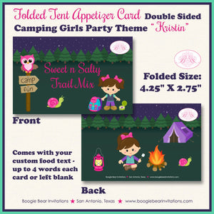 Camping Girl Birthday Party Card Favor Tent Place Food Appetizer Glamping Camp Outdoor Tent Campfire Boogie Bear Invitations Kristin Theme