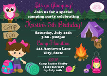 Load image into Gallery viewer, Camping Girl Birthday Party Invitation Glamping Camp Outdoor Tent Campfire Boogie Bear Invitations Kristin Theme Paperless Printable Printed