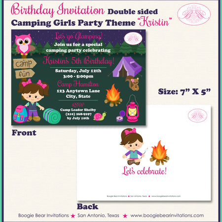 Camping Girl Birthday Party Invitation Glamping Camp Outdoor Tent Campfire Boogie Bear Invitations Kristin Theme Paperless Printable Printed