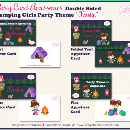 Camping Girl Birthday Party Card Favor Tent Place Food Appetizer Glamping Camp Outdoor Tent Campfire Boogie Bear Invitations Kristin Theme