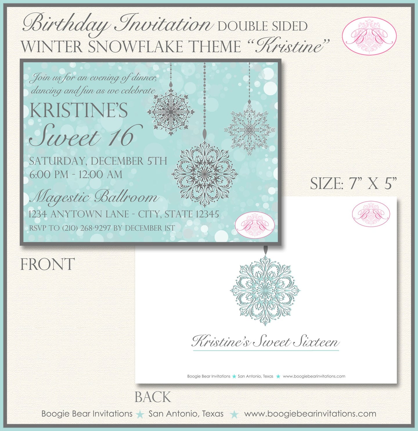 Winter SnowflakeParty Invitation Birthday Ornament Bokeh Blue Silver Snow Boogie Bear Invitations Kristine Theme Paperless Printable Printed