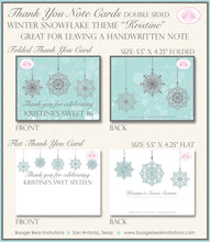 Load image into Gallery viewer, Winter Snowflake Birthday Thank You Card Party Note Flat Folded Ornament Bokeh Blue Silver Boogie Bear Invitations Kristine Theme Printed