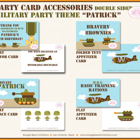 Military Birthday Party Favor Card Tent Appetizer Place Army Navy Air Force Marines Green Tank Private Boogie Bear Invitations Patrick Theme