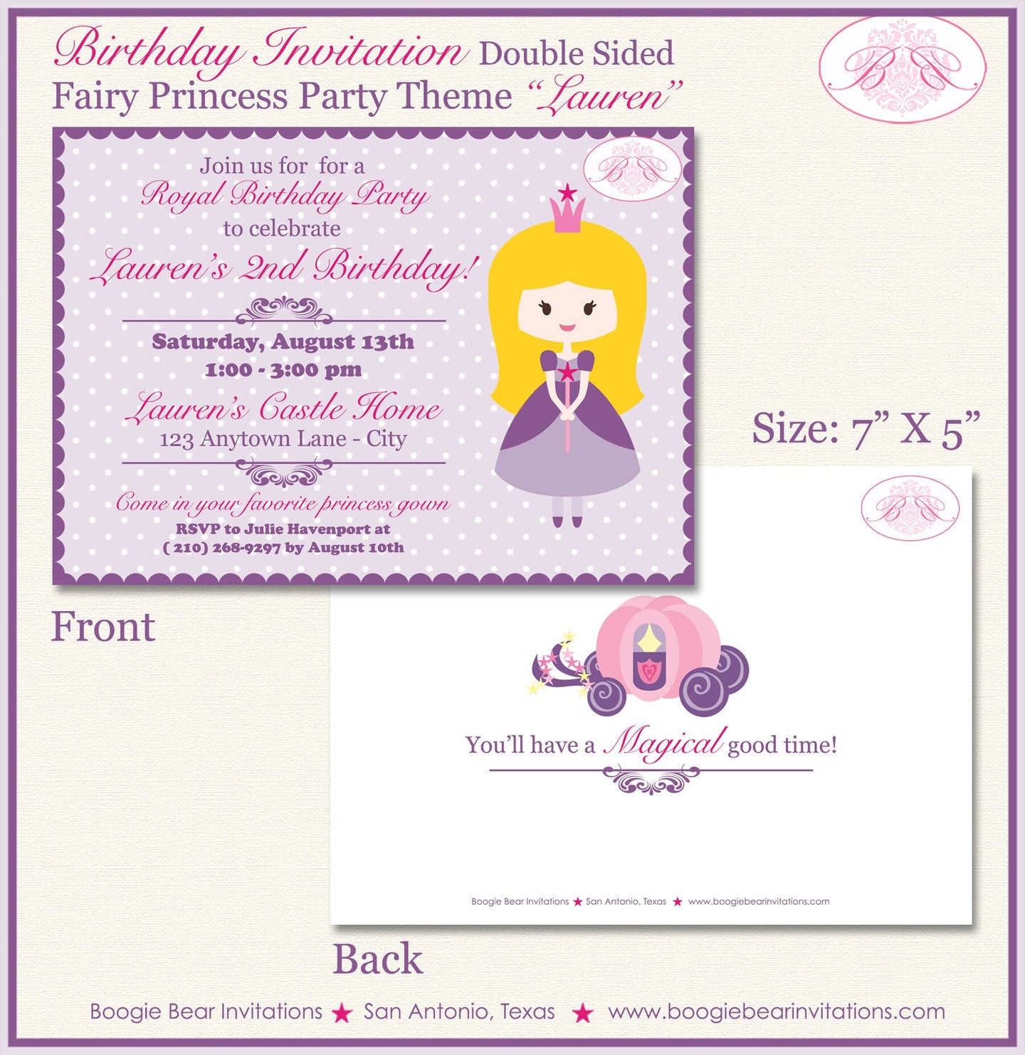 Princess Purple Birthday Party Invitation Pink Girl Queen Castle Ball Crown Boogie Bear Invitations Lauren Theme Paperless Printable Printed