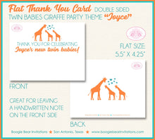 Load image into Gallery viewer, Twins Giraffe Thank You Card Baby Shower Girl Boy Reveal Party Aqua Turquoise Blue Orange Teal Boogie Bear Invitations Joyce Theme Printed
