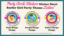 Load image into Gallery viewer, Surfer Girl Birthday Party Stickers Circle Sheet Round Beach Ocean Surf Surfing Swimming Pool Swim Boogie Bear Invitations Leilani Theme