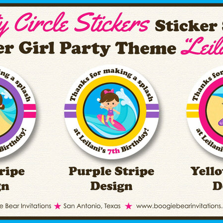 Surfer Girl Birthday Party Stickers Circle Sheet Round Beach Ocean Surf Surfing Swimming Pool Swim Boogie Bear Invitations Leilani Theme