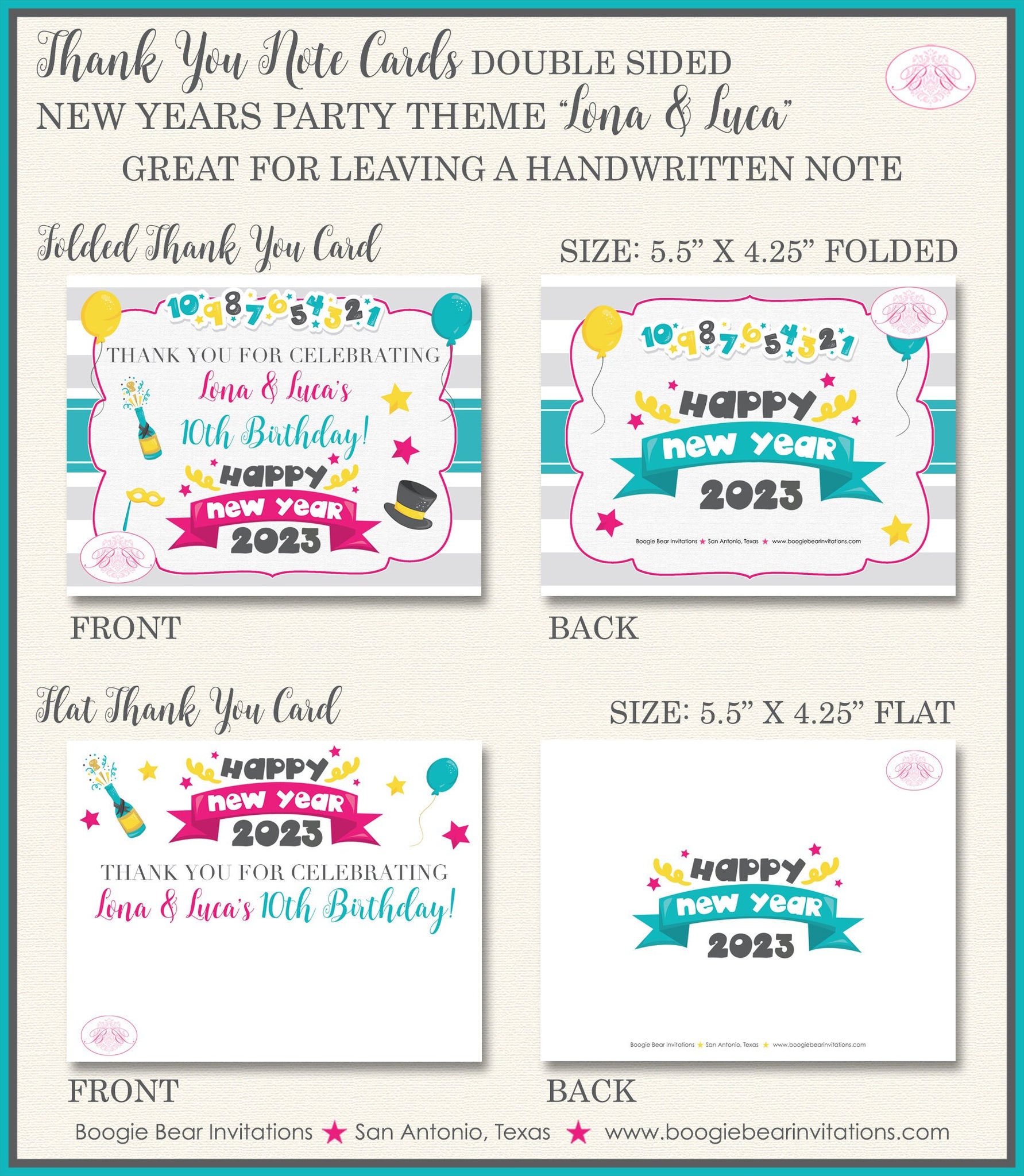 Happy New Years Party Thank You Card Note Tag Birthday Boy Girl Siblin –  Boogie Bear Invitations