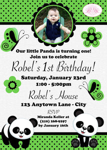 Panda Bear Birthday Party Invitation Photo Girl Boy Little Green Black 1st Boogie Bear Invitations Robel Theme Paperless Printable Printed