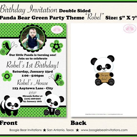 Panda Bear Birthday Party Invitation Photo Girl Boy Little Green Black 1st Boogie Bear Invitations Robel Theme Paperless Printable Printed
