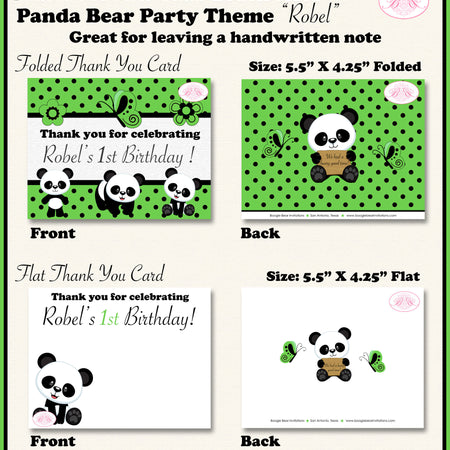 Green Panda Bear Birthday Party Thank You Card Black Little Butterfly Boy Girl Garden Picnic Bug Boogie Bear Invitations Robel Theme Printed
