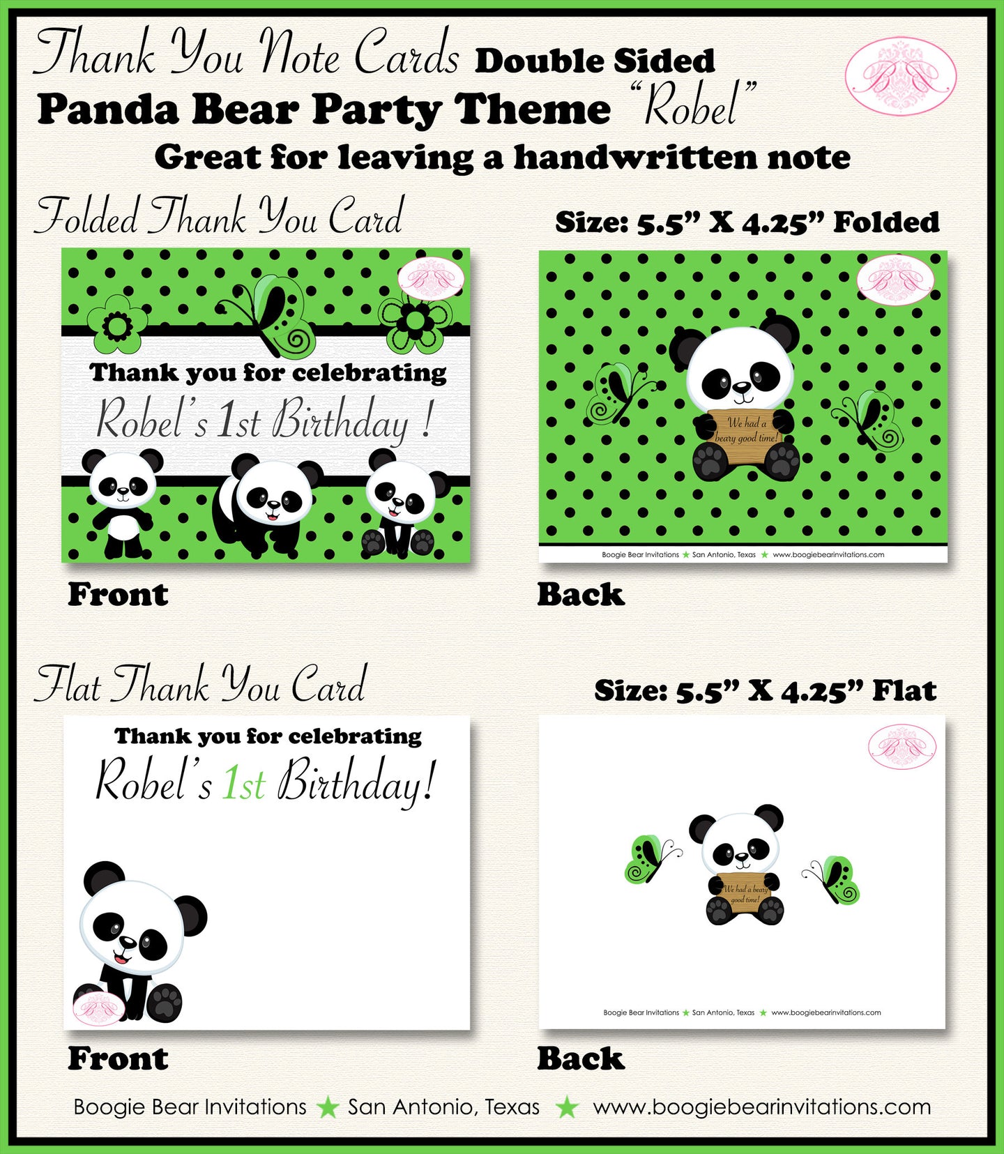 Green Panda Bear Birthday Party Thank You Card Black Little Butterfly Boy Girl Garden Picnic Bug Boogie Bear Invitations Robel Theme Printed