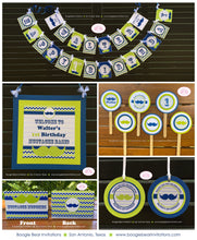 Load image into Gallery viewer, Mustashe Bash Birthday Party Package Boy Happy Door Banner Lime Green Aqua Blue Cheveron Little Man Boogie Bear Invitations Walter Theme