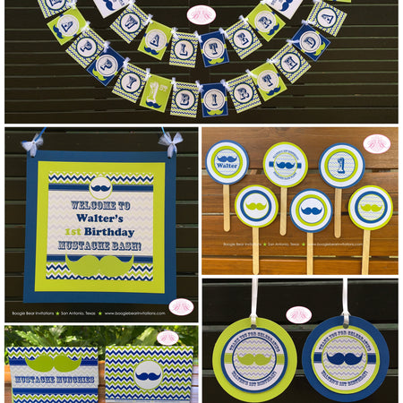 Mustashe Bash Birthday Party Package Boy Happy Door Banner Lime Green Aqua Blue Cheveron Little Man Boogie Bear Invitations Walter Theme