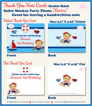 Load image into Gallery viewer, Sailor Monkey Girl Party Thank You Cards Birthday Nautical Boat Red Blue Sail Ocean Swimming Boogie Bear Invitations Marina Theme Printed