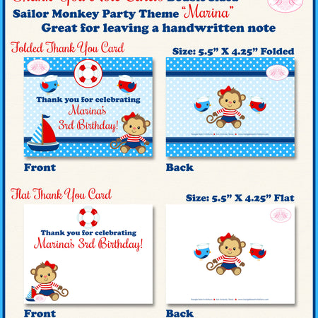 Sailor Monkey Girl Party Thank You Cards Birthday Nautical Boat Red Blue Sail Ocean Swimming Boogie Bear Invitations Marina Theme Printed