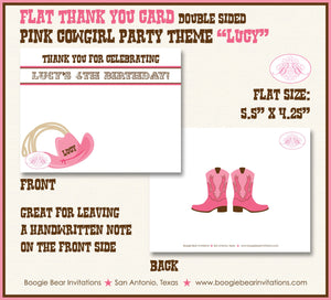 Pink Cowgirl Party Thank You Card Birthday Girl Brown Country Horse Boots Farm Country Rodeo Hat Boogie Bear Invitations Lucy Theme Printed