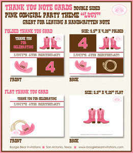 Pink Cowgirl Party Thank You Card Birthday Girl Brown Country Horse Boots Farm Country Rodeo Hat Boogie Bear Invitations Lucy Theme Printed