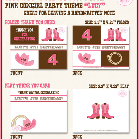 Pink Cowgirl Party Thank You Card Birthday Girl Brown Country Horse Boots Farm Country Rodeo Hat Boogie Bear Invitations Lucy Theme Printed