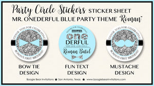 Mr Wonderful 1st Birthday Party Stickers Circle Sheet Tag ONE Boy Mustache Bow Tie Onederful Blue Silver Boogie Bear Invitations Roman Theme