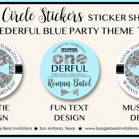 Mr Wonderful 1st Birthday Party Stickers Circle Sheet Tag ONE Boy Mustache Bow Tie Onederful Blue Silver Boogie Bear Invitations Roman Theme