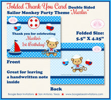Load image into Gallery viewer, Sailor Monkey Boy Party Thank You Cards Birthday Nautical Boat Red Blue Sail Ocean Swimming Kid Boogie Bear Invitations Marlin Theme Printed