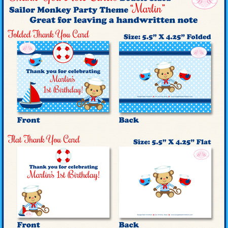 Sailor Monkey Boy Party Thank You Cards Birthday Nautical Boat Red Blue Sail Ocean Swimming Kid Boogie Bear Invitations Marlin Theme Printed
