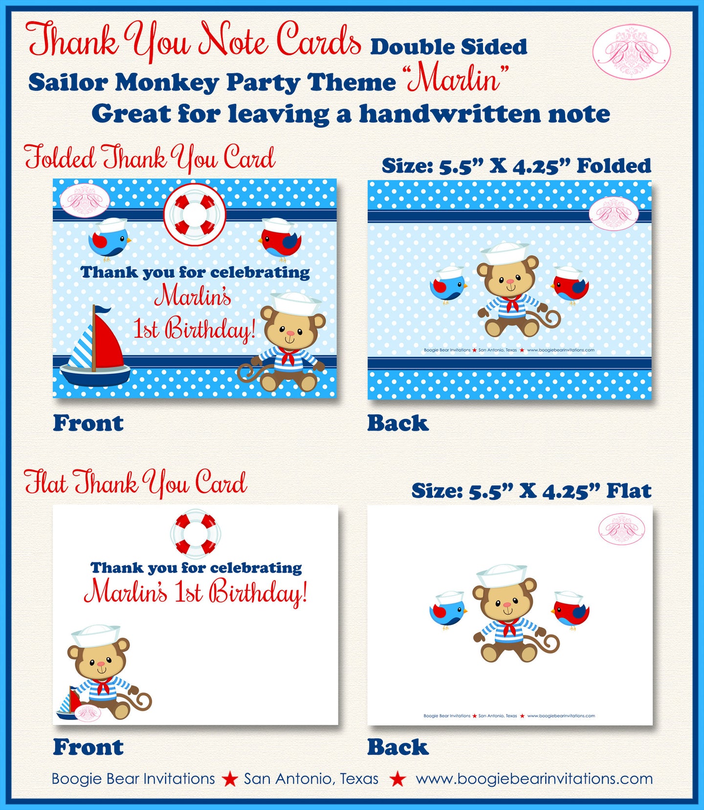 Sailor Monkey Boy Party Thank You Cards Birthday Nautical Boat Red Blue Sail Ocean Swimming Kid Boogie Bear Invitations Marlin Theme Printed