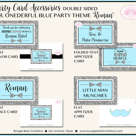 Mr. Wonderful Birthday Party Favor Card Tent Appetizer Food Place Boy Blue Silver Onederful 1st Boogie Bear Invitations Roman Theme Printed