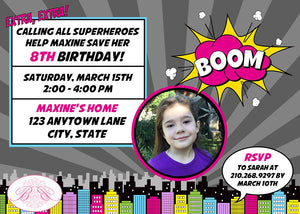 Pink Superhero Photo Party Invitation Birthday Girl Super Hero Supergirl Boogie Bear Invitations Maxine Theme Paperless Printable Printed