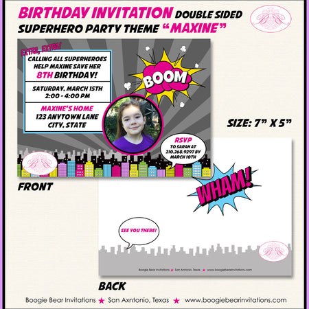 Pink Superhero Photo Party Invitation Birthday Girl Super Hero Supergirl Boogie Bear Invitations Maxine Theme Paperless Printable Printed