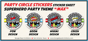 Superhero Birthday Party Stickers Circle Sheet Round Super Hero Boy Girl Skyline Comic Retro Bow Boom Wham Boogie Bear Invitations Max Theme