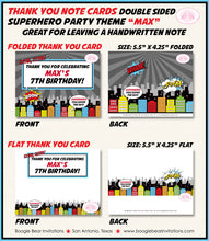 Load image into Gallery viewer, Superhero Birthday Party Thank You Card Boy Girl Super Hero Comic Skyline Retro Vintage City Boom Boogie Bear Invitations Max Theme Printed