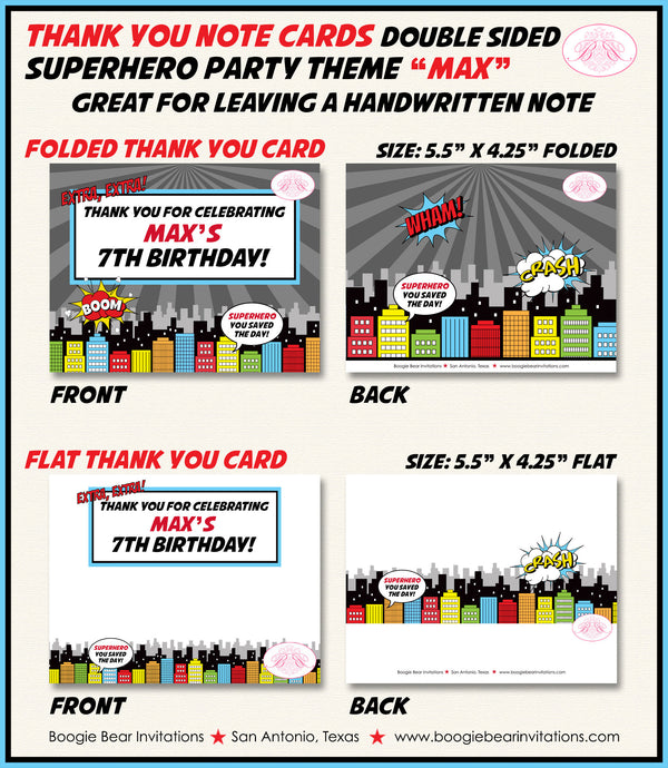 Superhero Birthday Party Thank You Card Boy Girl Super Hero Comic Skyline Retro Vintage City Boom Boogie Bear Invitations Max Theme Printed