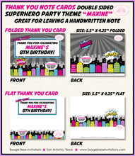 Load image into Gallery viewer, Superhero Birthday Party Thank You Card Girl Super Hero Comic Skyline Retro Vintage City Boom Boogie Bear Invitations Maxine Theme Printed
