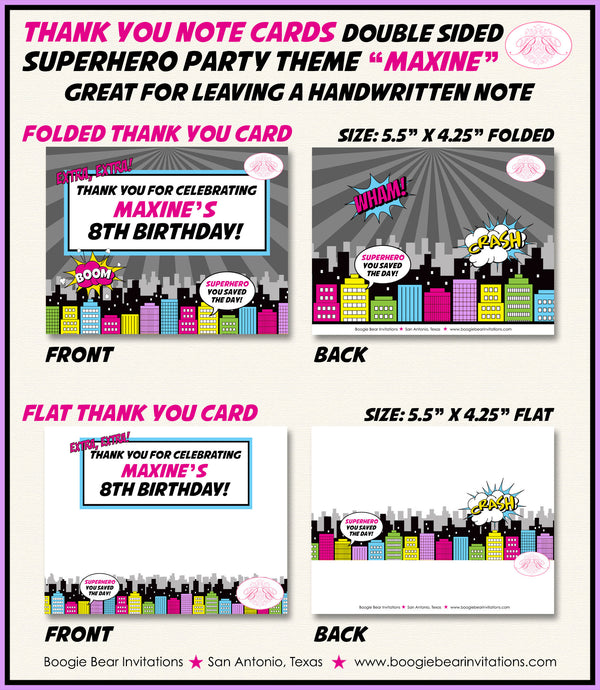 Superhero Birthday Party Thank You Card Girl Super Hero Comic Skyline Retro Vintage City Boom Boogie Bear Invitations Maxine Theme Printed