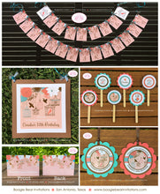 Load image into Gallery viewer, Garden Birds Birthday Party Package Woodland Birdcage Cage Flower Forest Coral Aqua Teal Blue Birdcage Boogie Bear Invitations Coralee Theme