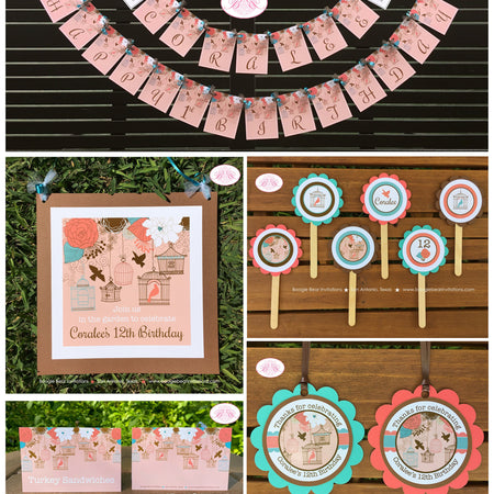 Garden Birds Birthday Party Package Woodland Birdcage Cage Flower Forest Coral Aqua Teal Blue Birdcage Boogie Bear Invitations Coralee Theme