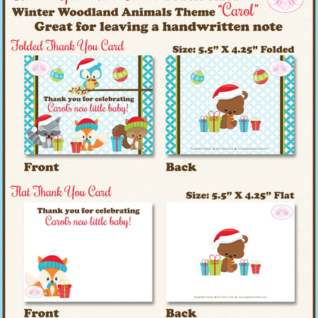 Winter Woodland Animals Party Thank You Card Note Christmas Baby Shower Owl Squirrel Fox Forest Boogie Bear Invitations Carol Theme Printed