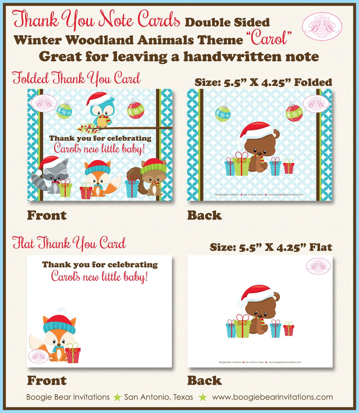 Winter Woodland Animals Party Thank You Card Note Christmas Baby Shower Owl Squirrel Fox Forest Boogie Bear Invitations Carol Theme Printed