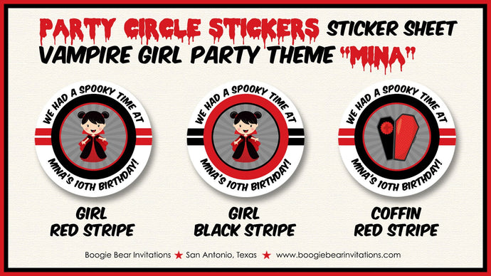 Vampire Girl Birthday Party Stickers Circle Sheet Halloween Full Moon Red Blood Dracula Black Bat Coffin Boogie Bear Invitations Mina Theme