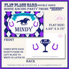 Load image into Gallery viewer, Horse Racing Birthday Party Favor Card Tent Appetizer Place Sign Purple Blue Kentucky Derby Jockey Track Boogie Bear Invitations Mindy Theme